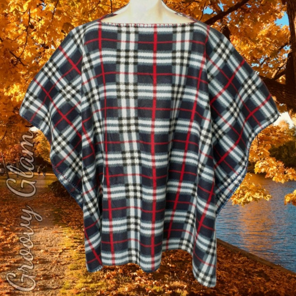 GROOVY GLAM Handmade Navy Blue & Red Plaid Classic Fleece Poncho